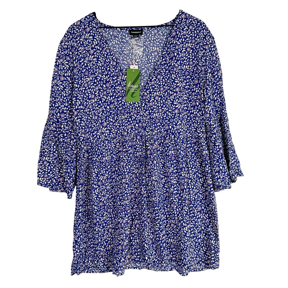New Summersalt Eco-voile Tunic Dress Blue Floral V-Neck Bell Sleeves - M